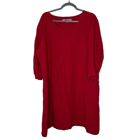 FLAX 1G Red Linen Tunic Dress Long Sleeve Pockets Casual  1X Lagenlook Artsy - Picture 1 of 12